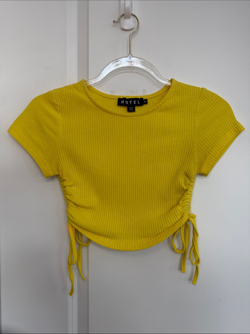 Motel Rocks Bright Yellow Ribbed Drawstring Crop Top